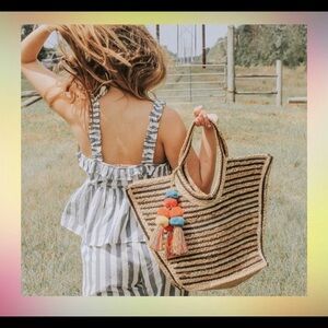 NWOT Tote Raven Stripe Eco-Friendly Tote with Pom Pom Tassel